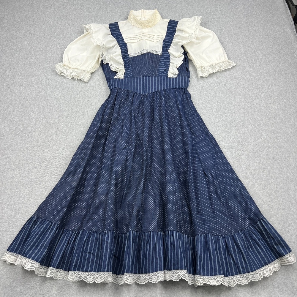 VTG Gunne Sax Prairie Midi Dress Womens 9 Blue Lace Trim Cottagecore Jessica 70s